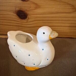 Miniature Vintage Duck Tooth Pick Holder 3x4 Ceramic Planter White Blue Dots